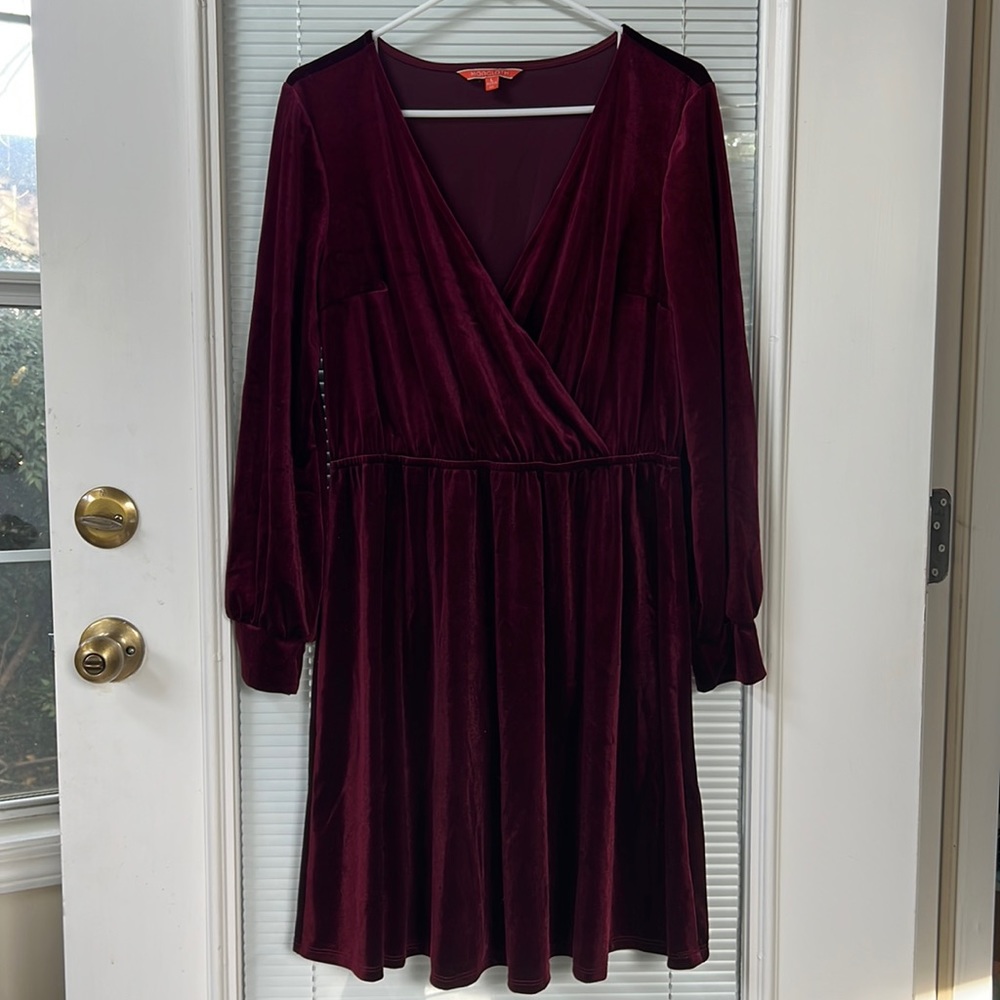 ModCloth Faux Wrap Elastic Waist Velvet Long Sleeve Dress - Burgundy L